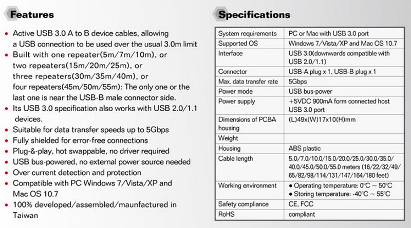 Long Distance A to B USB 3.0 device cable 49ft. (15-Meter) A-Male to B-Male
